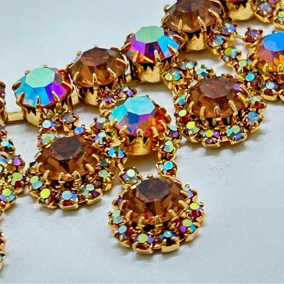 Kramer, Stunning Vintage Amber AB Rhinestone Necklace & Earrings Set, Clips
